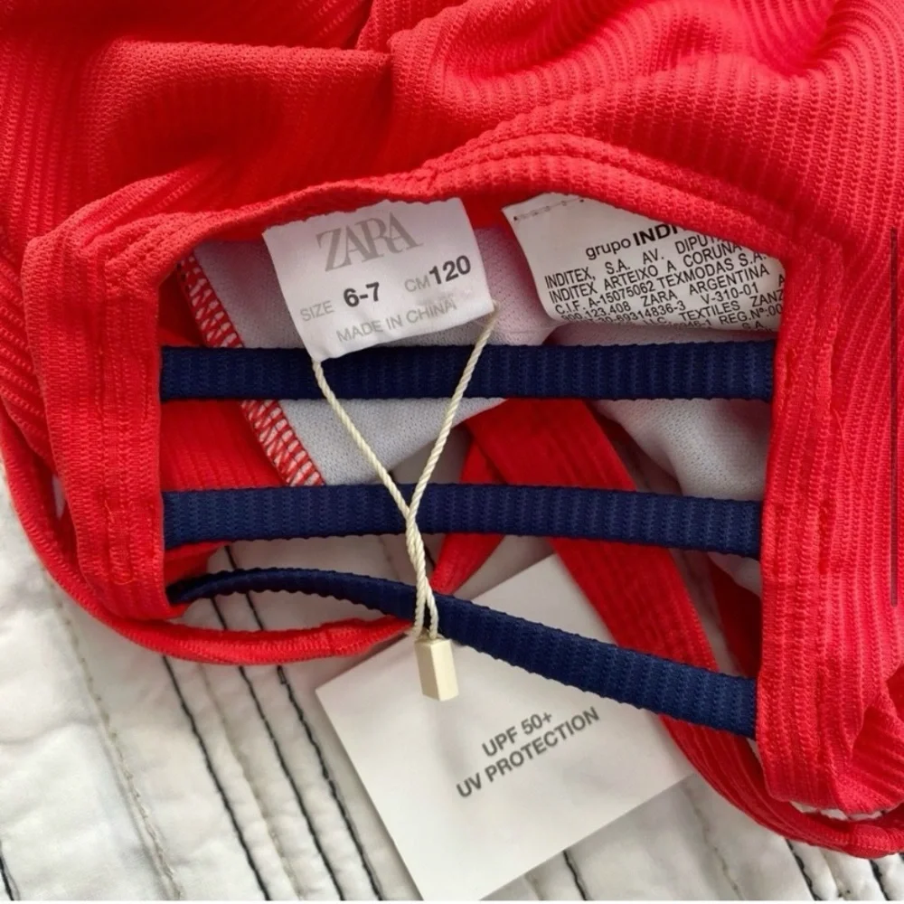 NWT ZARA Girls Ribbed Knit Retro One piece Swimsuit Bright Red Navy sz 6 - 7